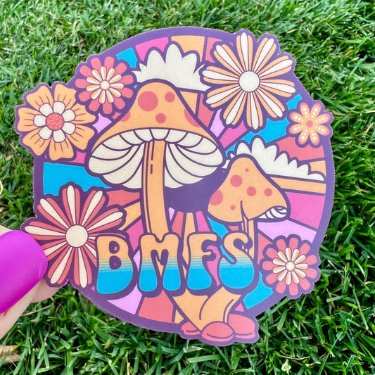 BMFS Orange Mushrooms Yellow Brown Flowers Rainbow Clouds Retro Sticker Slap Matte Finish 3" x 3.1"