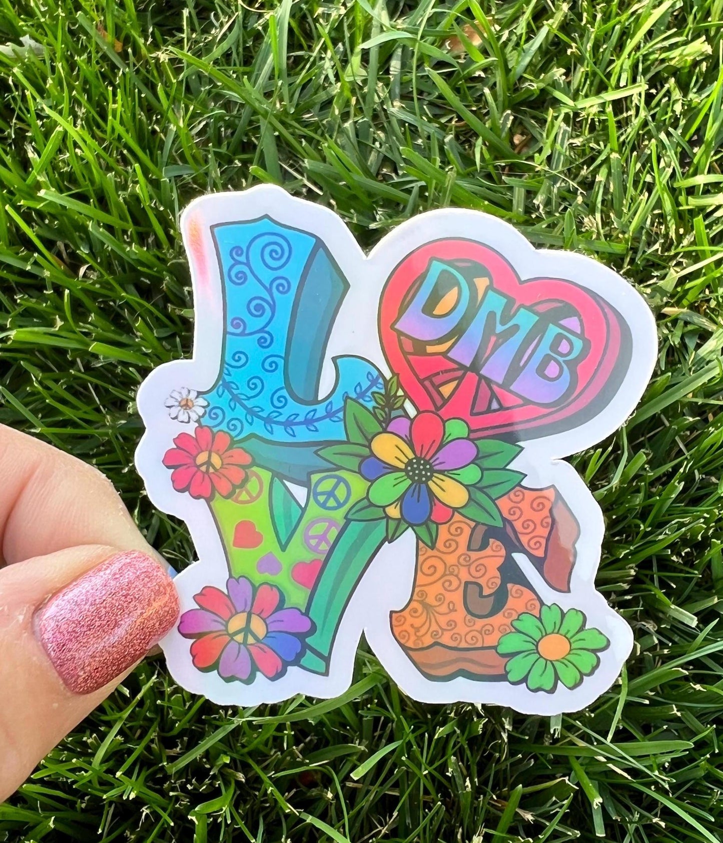 LOVE DMB Pink Peace Sign Heart Flowers Vinyl Sticker Slap 2.6" x 2.6" Glossy Holographic Finish