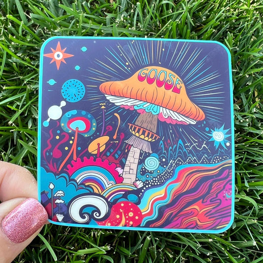 Goose Psychedelic Mushroom Stars Sun Rainbow Vinyl Sticker Slap Matte Finish 3" x 3"