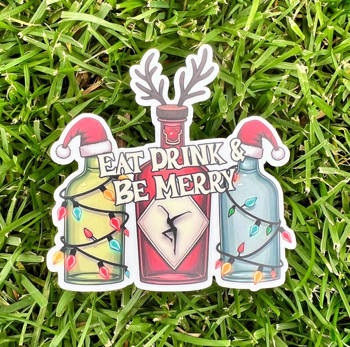Eat Drink & Be Merry Holiday Christmas Lights Reindeer Santa Hat Bottles Vinyl Sticker Slap 3" x 3" Matte Finish
