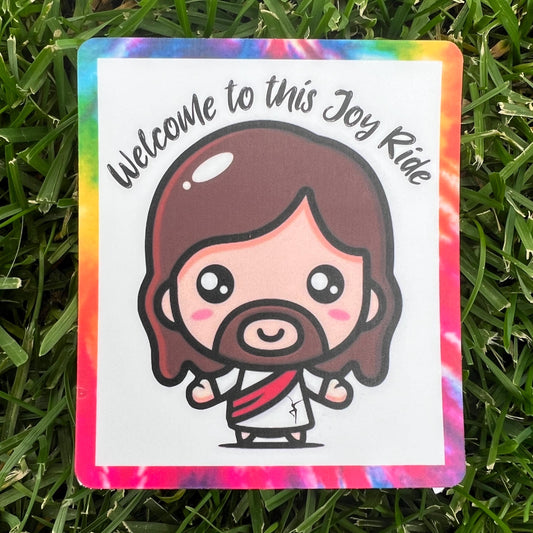 Bobble Head Jesus Welcome to this Joyride Tie Dye Border Vinyl Sticker 3" x 2.6" Matte Finish