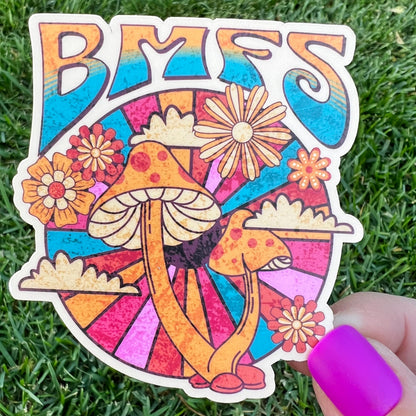 BMFS Orange Mushrooms Flowers Rainbow Clouds Retro Vinyl Sticker Slap Matte Finish 3" x 2.8"