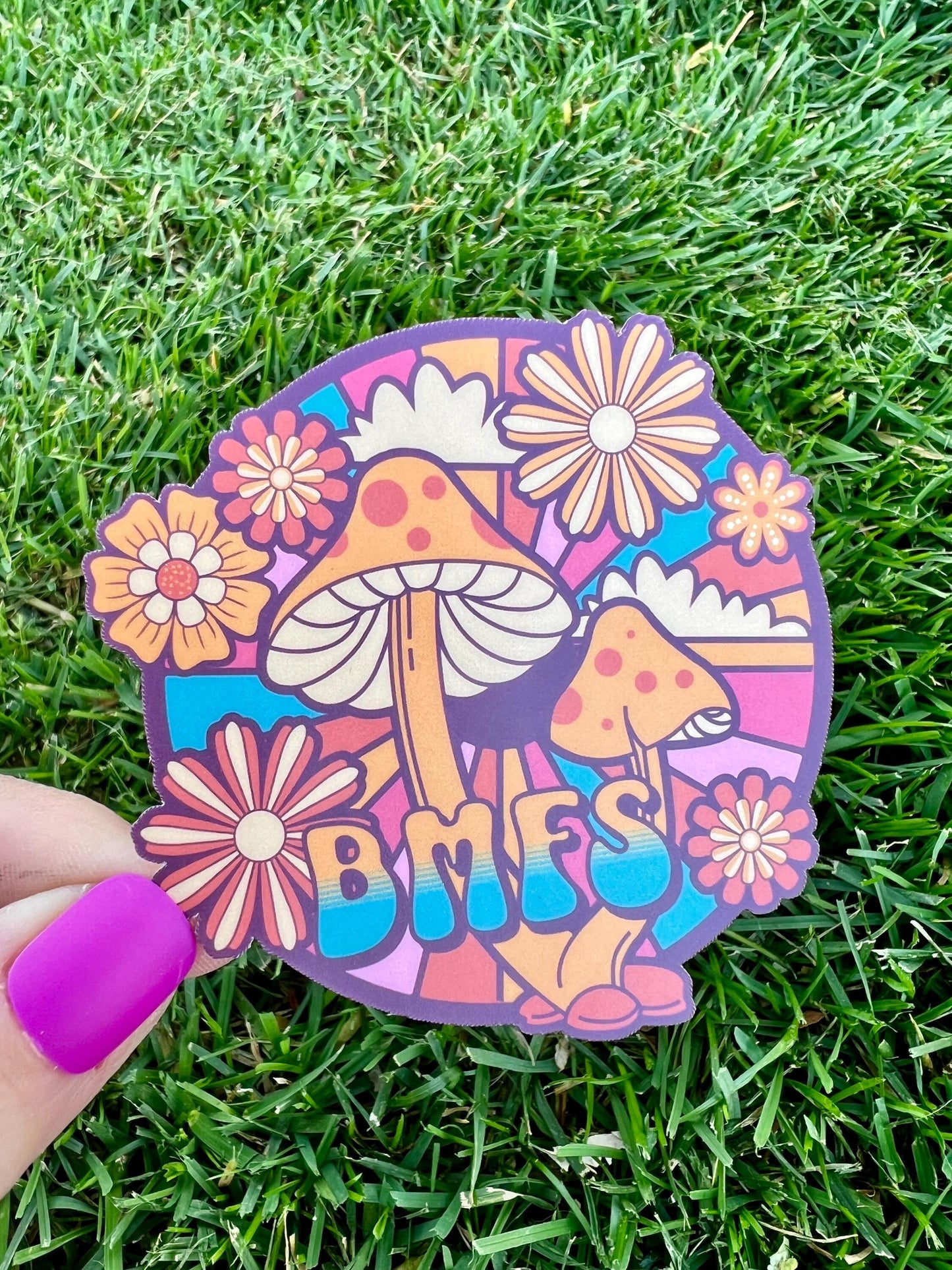BMFS Orange Mushrooms Yellow Brown Flowers Rainbow Clouds Retro Sticker Slap Matte Finish 3" x 3.1"