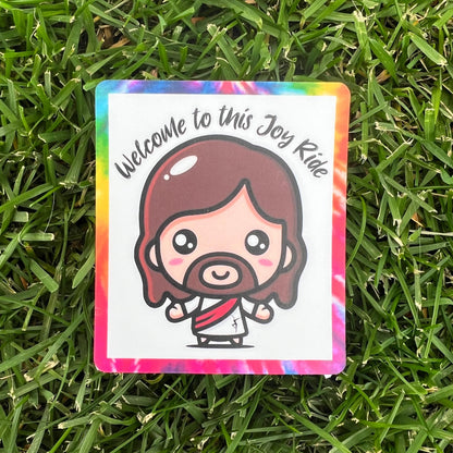 Bobble Head Jesus Welcome to this Joyride Tie Dye Border Vinyl Sticker 3" x 2.6" Matte Finish