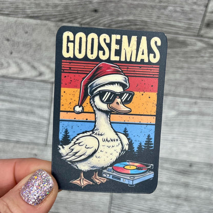 Goose Goosemas Santa Hat Goose Wearing Sunglasses Record Player Black Red Yellow Blue Retro Vinyl Sticker Slap 3" x 2" Matte Finish