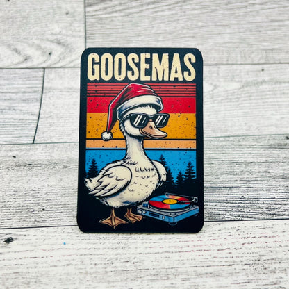 Goose Goosemas Santa Hat Goose Wearing Sunglasses Record Player Black Red Yellow Blue Retro Vinyl Sticker Slap 3" x 2" Matte Finish