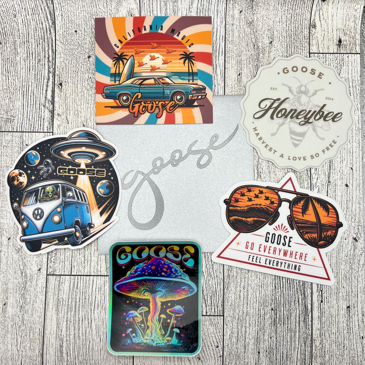 Goose 5 Vinyl Stickers Slaps California Magic Honeybee Van Alien Mushroom Silver 4" x 4" Gift Envelope Christmas Birthday Mother's Day