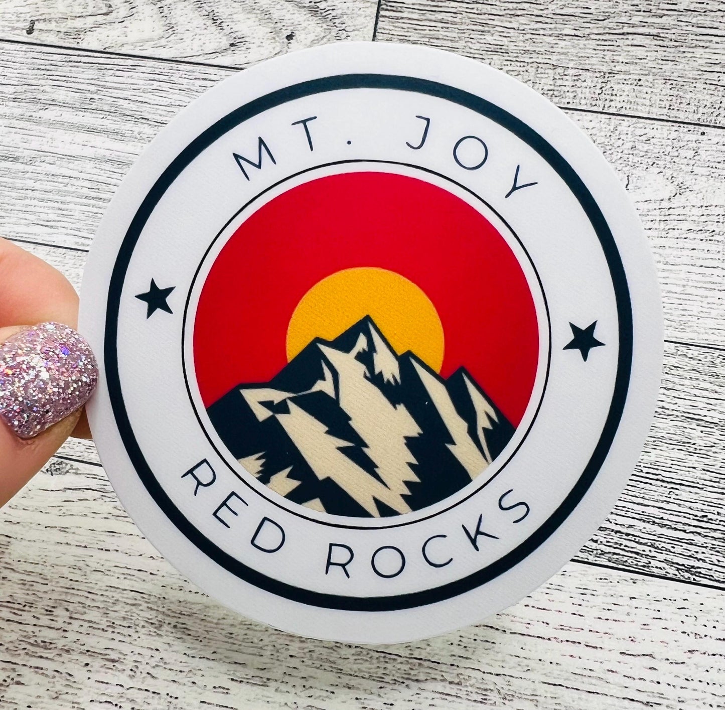 Mt. Joy Red Rocks White Red Blue Yellow Colorado Mountains Vinyl Sticker Slap Matte Finish 3" x 3"