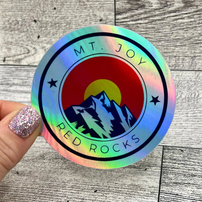 Mt. Joy Red Rocks Red Blue Yellow Colorado Mountains Vinyl Sticker Slap Holographic Glossy Finish 3" x 3"