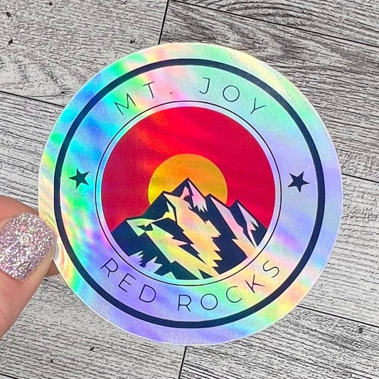 Mt. Joy Red Rocks Red Blue Yellow Colorado Mountains Vinyl Sticker Slap Holographic Glossy Finish 3" x 3"