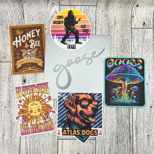 Goose 5 Vinyl Stickers Slaps Yeti Honeybee Western Sun Atlas Dogs Mushroom Silver 4" x 4" Gift Envelope Christmas Birthday Mother's Day