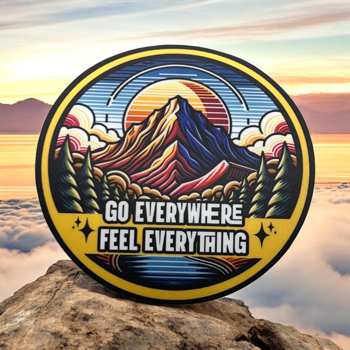 Goose Go Everywhere Feel Everything A Western Sun Mountains Green Pine Trees Clouds Sticker Slap 3" x 3" Matte Finish