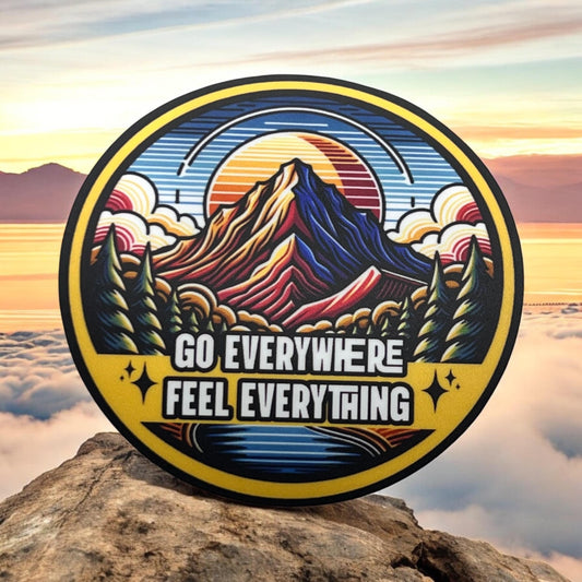 Goose Go Everywhere Feel Everything A Western Sun Mountains Green Pine Trees Clouds Sticker Slap 3" x 3" Matte Finish