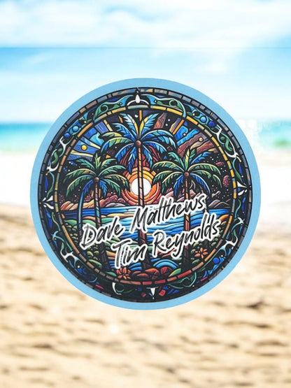 Dave Matthews Tim Reynolds Blue Green Palm Trees Yellow Sunset Stained Glass Design Vinyl Sticker Slap 3" x 3" Matte Finish