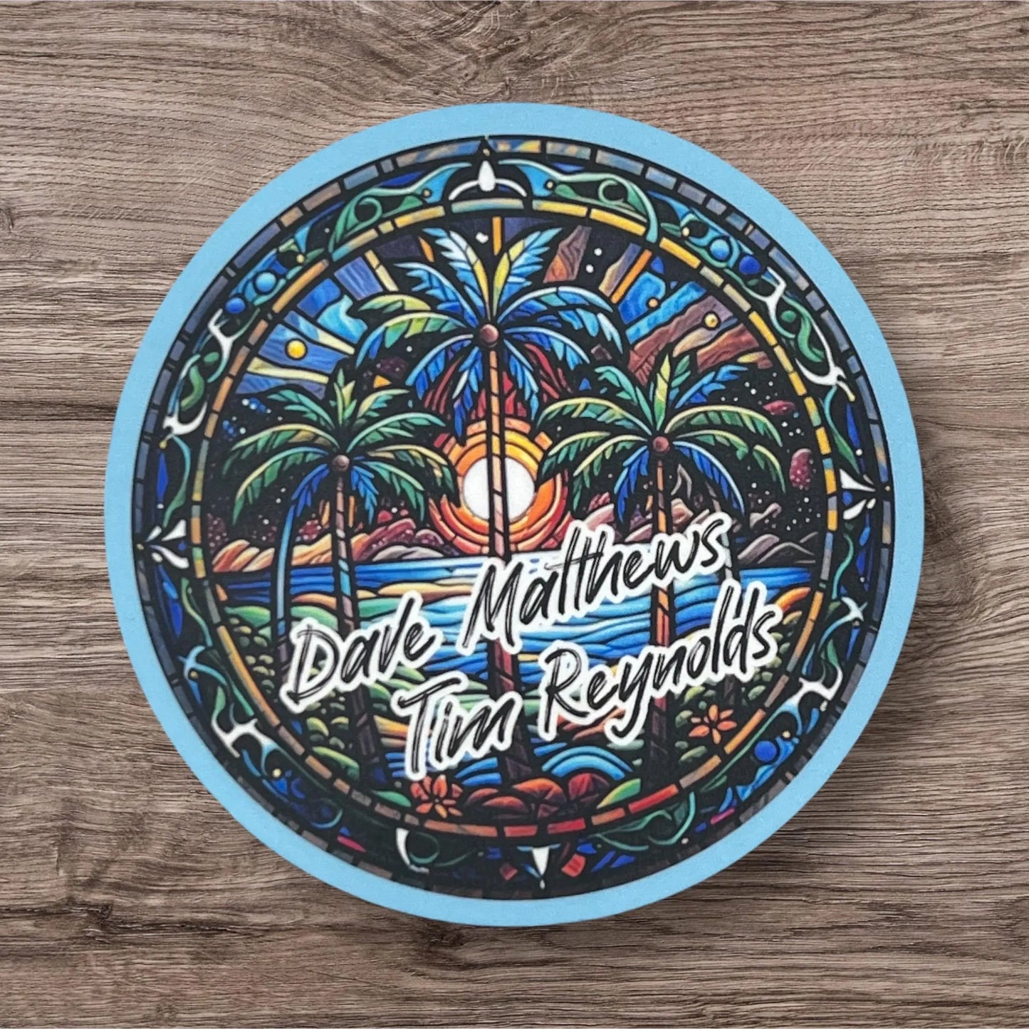 Dave Matthews Tim Reynolds Blue Green Palm Trees Yellow Sunset Stained Glass Design Vinyl Sticker Slap 3" x 3" Matte Finish
