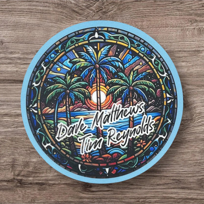 Dave Matthews Tim Reynolds Blue Green Palm Trees Yellow Sunset Stained Glass Design Vinyl Sticker Slap 3" x 3" Matte Finish