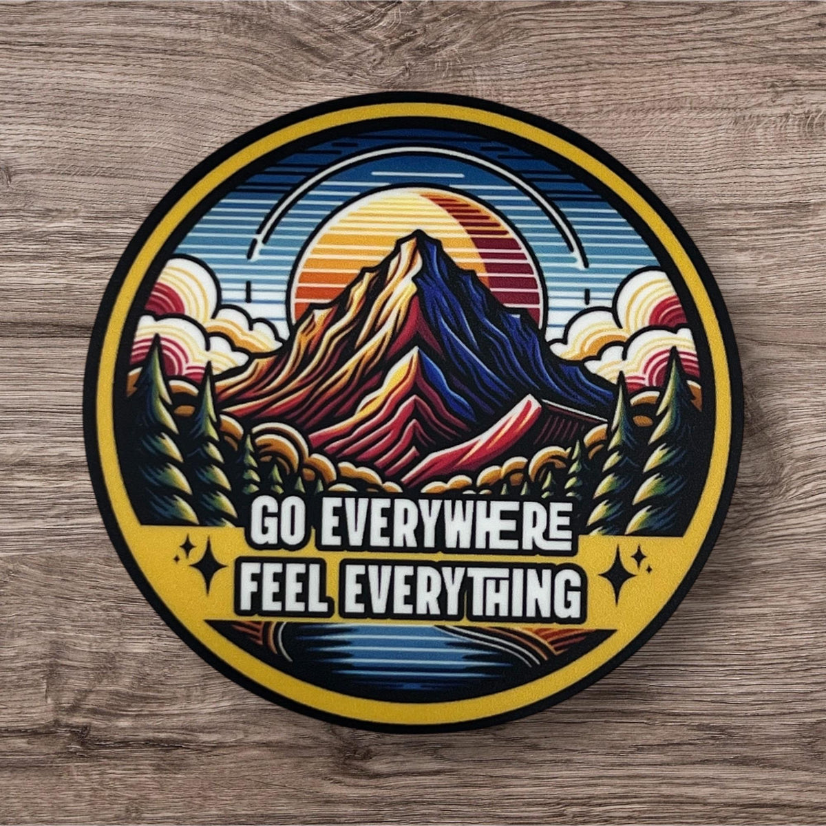 Goose Go Everywhere Feel Everything A Western Sun Mountains Green Pine Trees Clouds Sticker Slap 3" x 3" Matte Finish