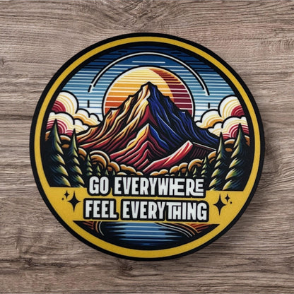 Goose Go Everywhere Feel Everything A Western Sun Mountains Green Pine Trees Clouds Sticker Slap 3" x 3" Matte Finish