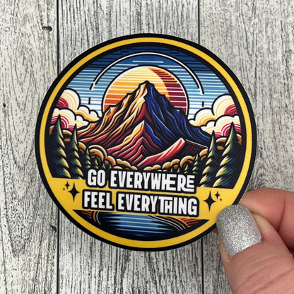 Goose Go Everywhere Feel Everything A Western Sun Mountains Green Pine Trees Clouds Sticker Slap 3" x 3" Matte Finish