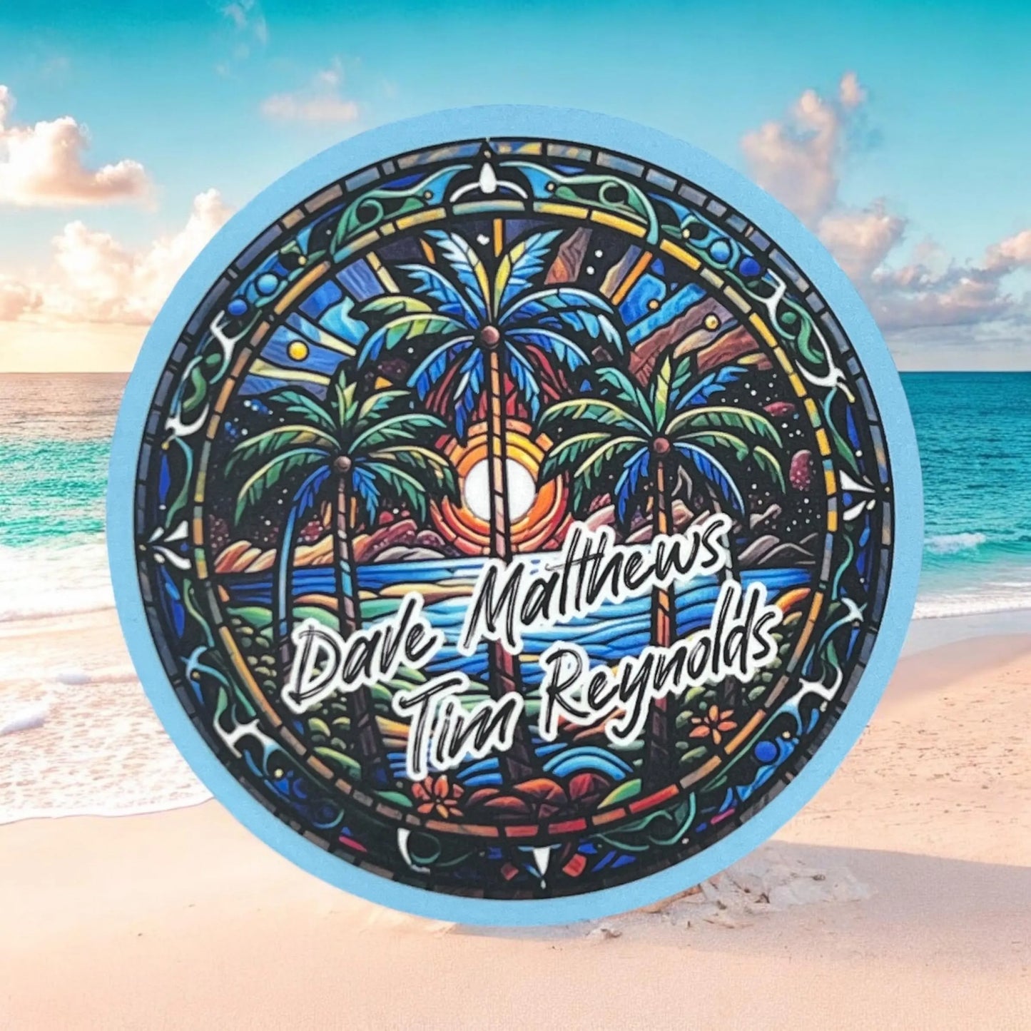 Dave Matthews Tim Reynolds Blue Green Palm Trees Yellow Sunset Stained Glass Design Vinyl Sticker Slap 3" x 3" Matte Finish