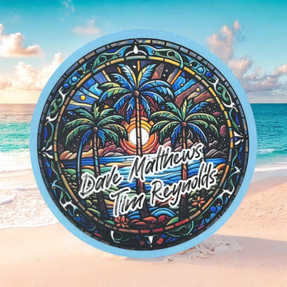 Dave Matthews Tim Reynolds Blue Green Palm Trees Yellow Sunset Stained Glass Design Vinyl Sticker Slap 3" x 3" Matte Finish