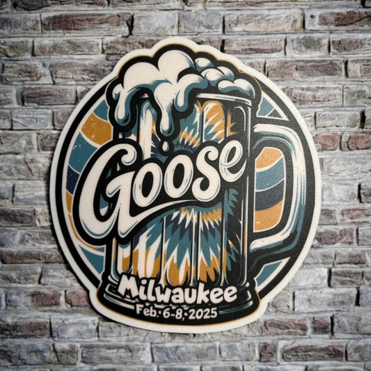 Goose Beer Mug Stein Foam Tie Dye Green Yellow Teal Cream Milwaukee 2025 February 6-8 Vinyl Sticker Slap Matte Finish 3” x 3”