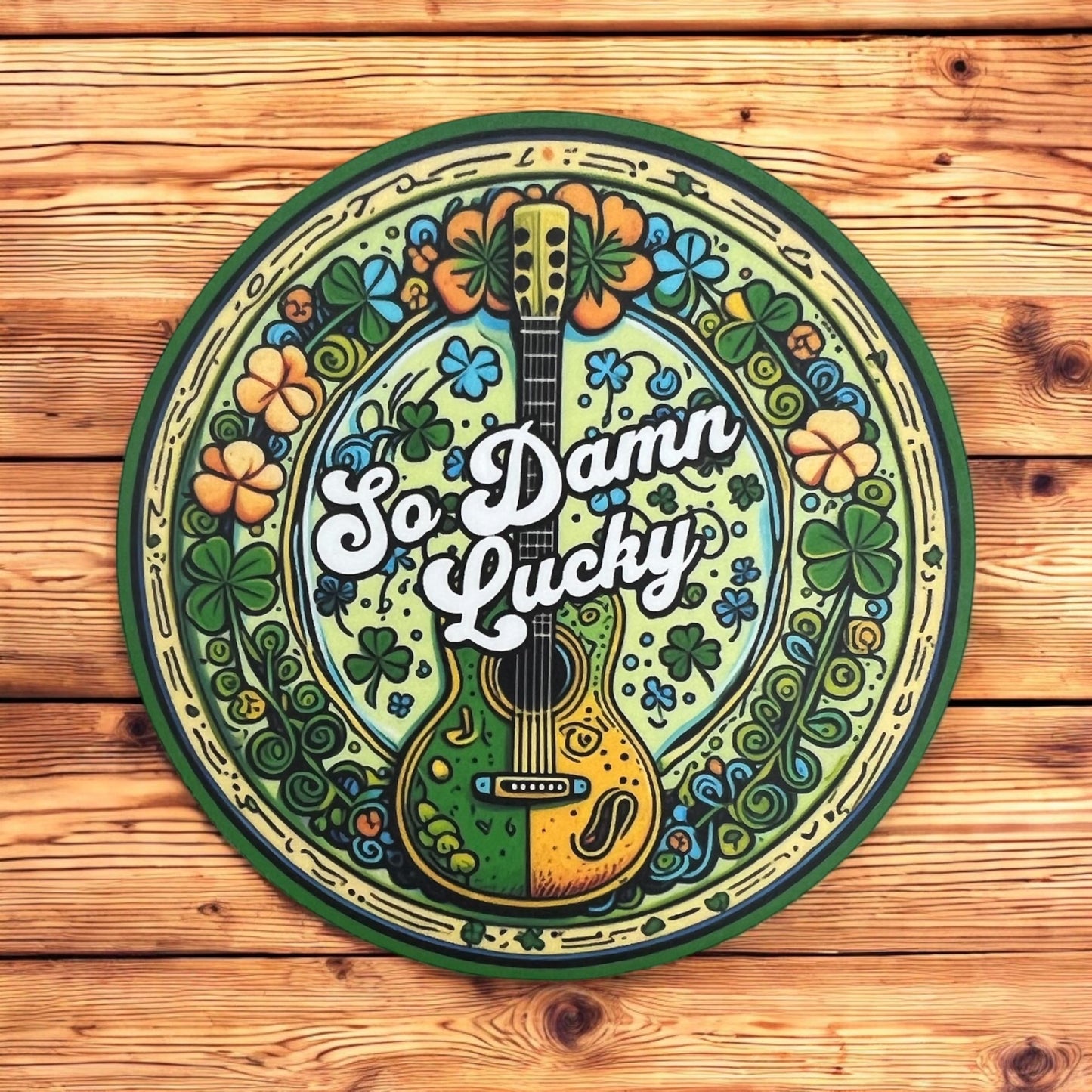 So Damn Lucky Green Yellow Shamrocks Guitar St. Patrick’s Day Music Vinyl Sticker Slap  3" x 3" Matte Finish