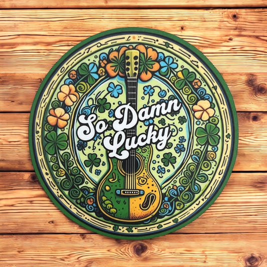 So Damn Lucky Green Yellow Shamrocks Guitar St. Patrick’s Day Music Vinyl Sticker Slap  3" x 3" Matte Finish