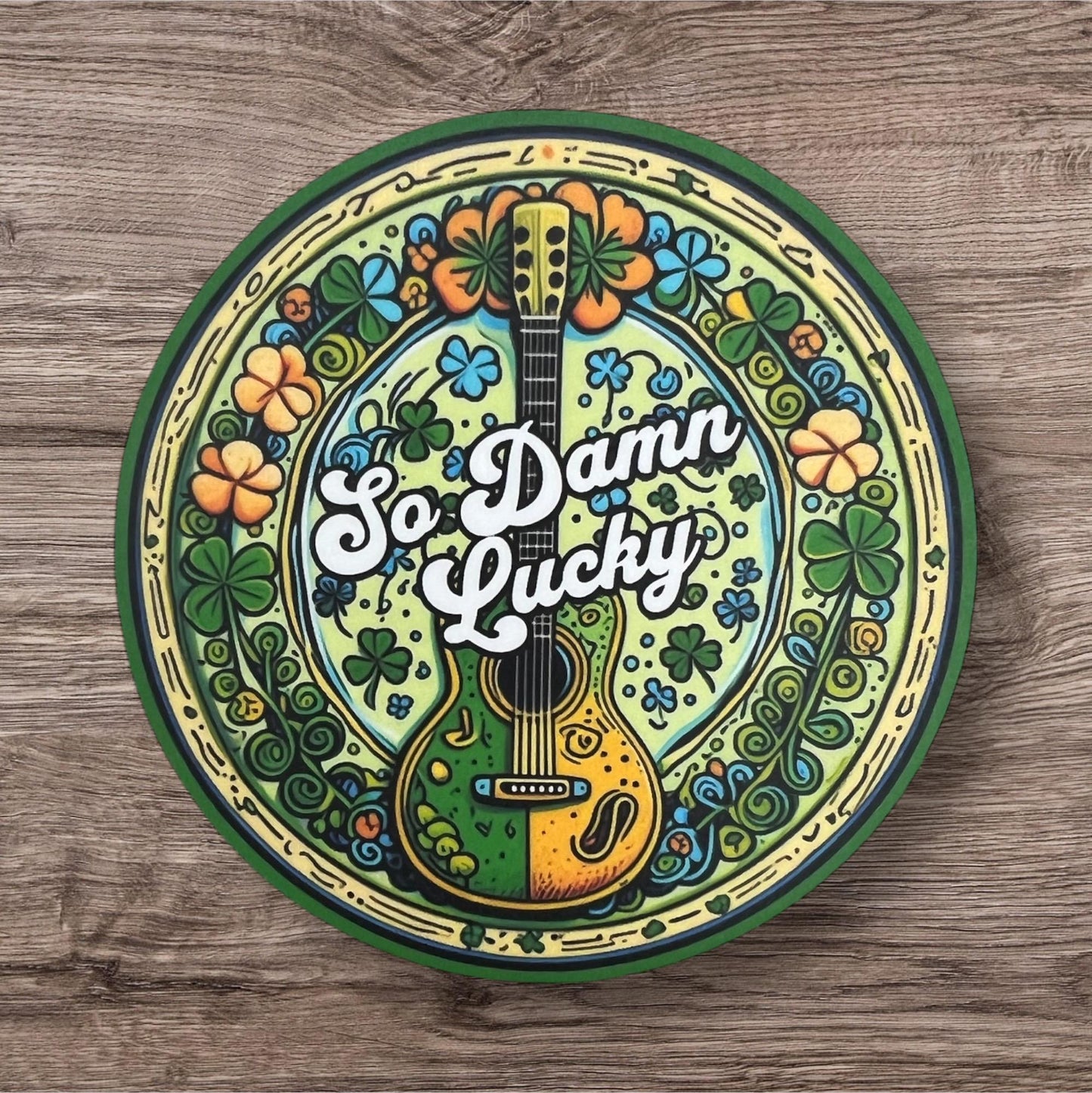 So Damn Lucky Green Yellow Shamrocks Guitar St. Patrick’s Day Music Vinyl Sticker Slap  3" x 3" Matte Finish