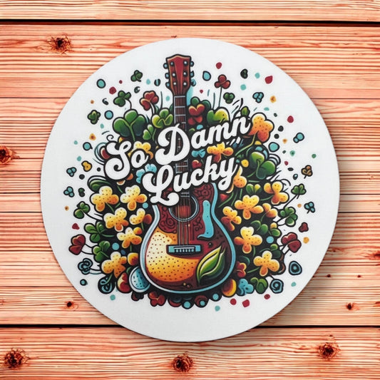 So Damn Lucky Green Yellow Shamrocks Red Guitar St. Patrick’s Day Music Vinyl Sticker Slap  3" x 3" Matte Finish