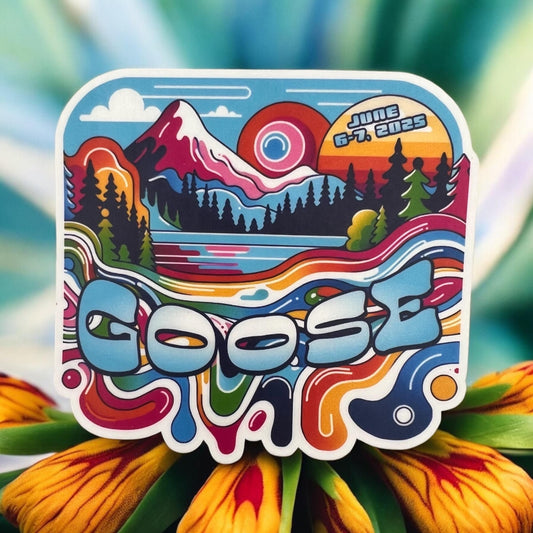 Goose Colorado Mountains Pink Purple Blue Yellow Green Sunset Trees Fiddlers June 6-7, 2025 Shows Vinyl Sticker Slap 3" x 3.2" Matte Finish