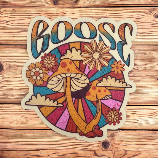 Goose Pink Orange Teal Flowers Clouds Mushrooms Retro Vinyl Sticker Slap 3" x 2.8" Matte Finish