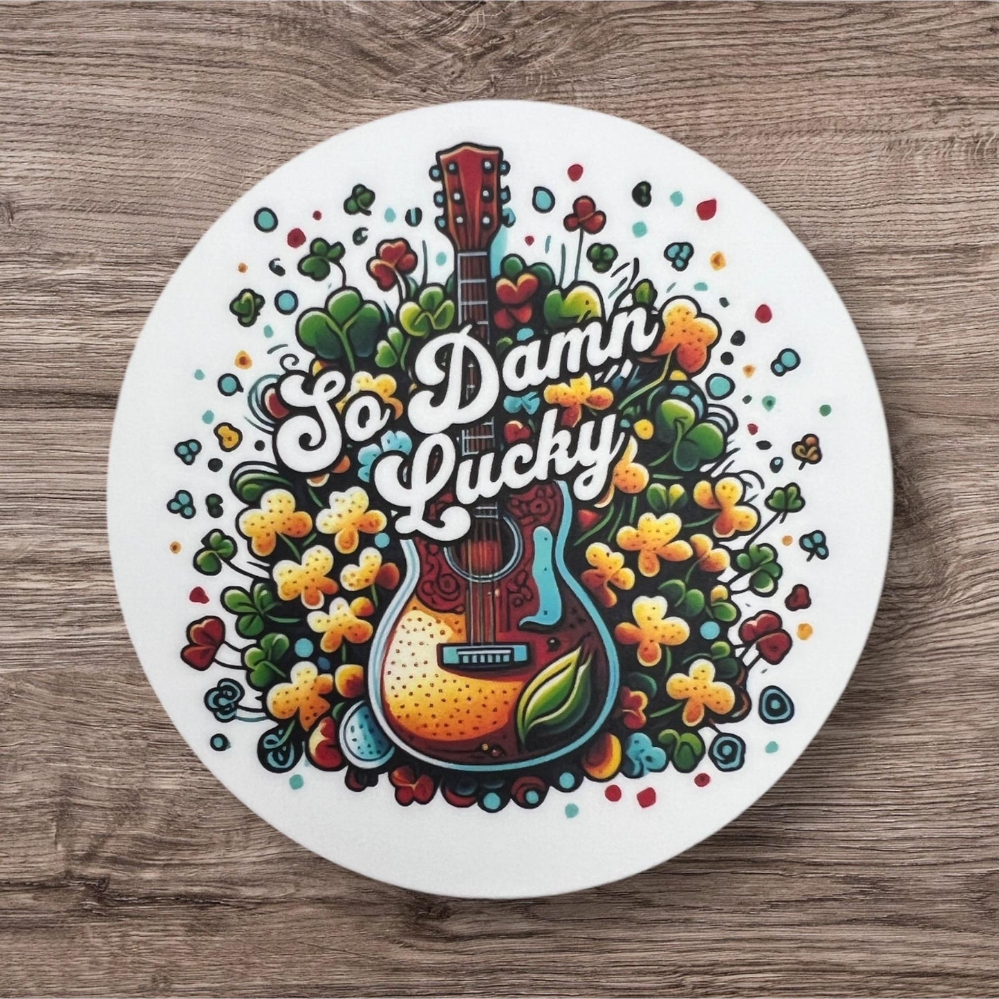 So Damn Lucky Green Yellow Shamrocks Red Guitar St. Patrick’s Day Music Vinyl Sticker Slap  3" x 3" Matte Finish