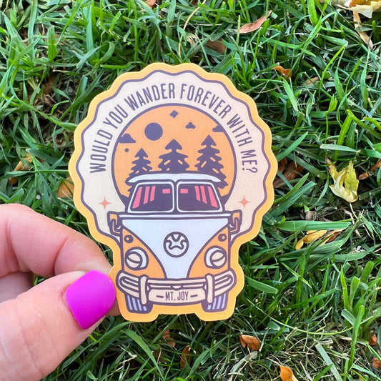Mt. Joy Would You Wander Forever With Me? Yellow Hippie Van Brown Pine Trees Retro Vinyl Sticker Slap Matte Finish 3.1" x 2.6"