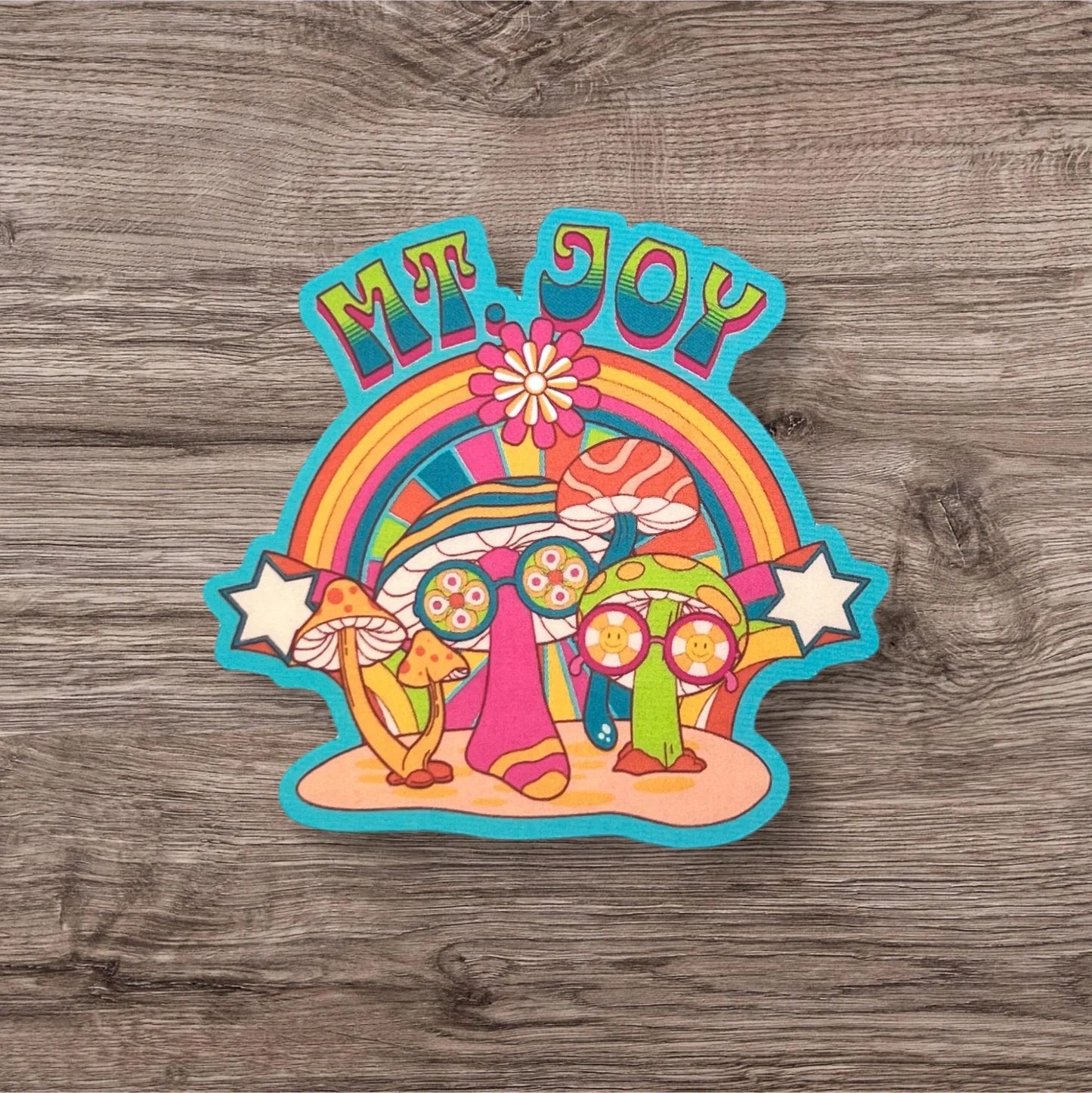 Mt. Joy Hippie Rainbow Mushrooms Retro Psychedelic Blue Green Pink Vinyl Sticker Slap  2.8" x 3.0" Matte Finish