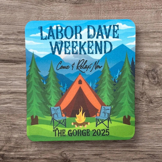 Labor Dave Weekend Gorge 2025 Tent Blue Camping Chairs Fire Pine Trees Mountains Come & Relax Now Vinyl Sticker Slap 3" x 2.7" Matte Finish