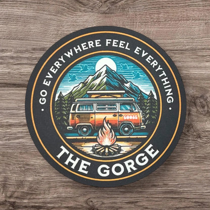 Goose The Gorge Go Everything Feel Everything Blue Mountains Orange Hippie RV Camper Campfire Black Vinyl Sticker Slap 3" x 3" Matte Finish