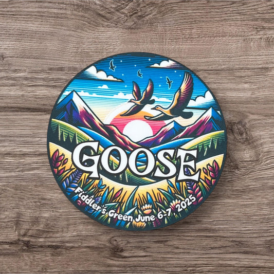 Goose Colorado Mountains Red Sunset Grass Field Fiddler's Green June 6-7, 2025 Shows Vinyl Sticker Slap 3" x 3" Matte Finish