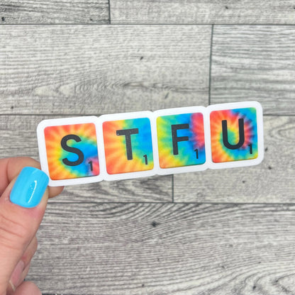 STFU Tie Dye Scrabble Tiles Sarcastic Funny Adult Concert Chompers Talkers Vinyl Sticker 1.2" x 4" Matte Finish