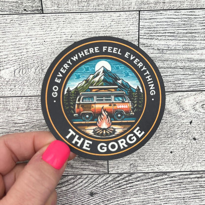Goose The Gorge Go Everything Feel Everything Blue Mountains Orange Hippie RV Camper Campfire Black Vinyl Sticker Slap 3" x 3" Matte Finish