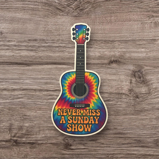 Never Miss a Sunday Show Rainbow Tie Dye Guitar Retro Music Vinyl Sticker Slap 4" x 2" Matte Finish