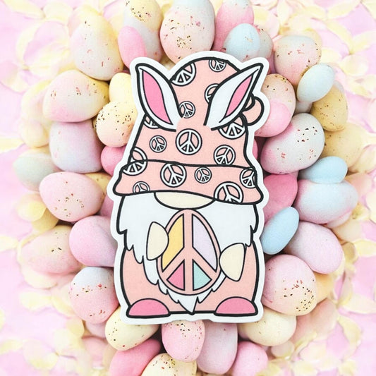 Gnome Easter Bunny Pink White Teal Purple Peace Sign Egg Vinyl Sticker Slap 3" x 1.8" Matte Finish