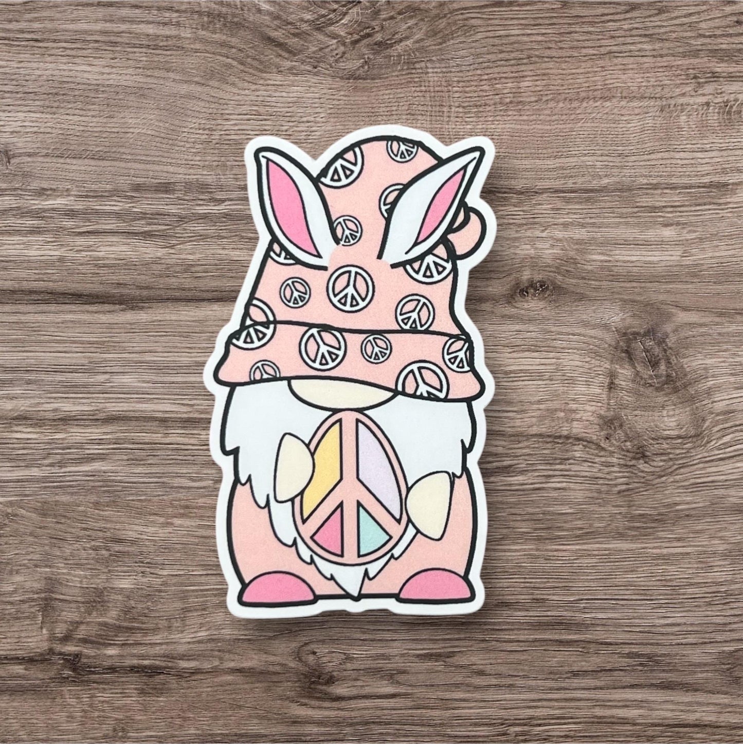 Gnome Easter Bunny Pink White Teal Purple Peace Sign Egg Vinyl Sticker Slap 3" x 1.8" Matte Finish