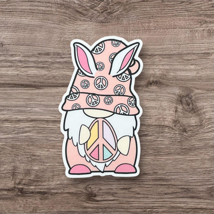 Gnome Easter Bunny Pink White Teal Purple Peace Sign Egg Vinyl Sticker Slap 3" x 1.8" Matte Finish