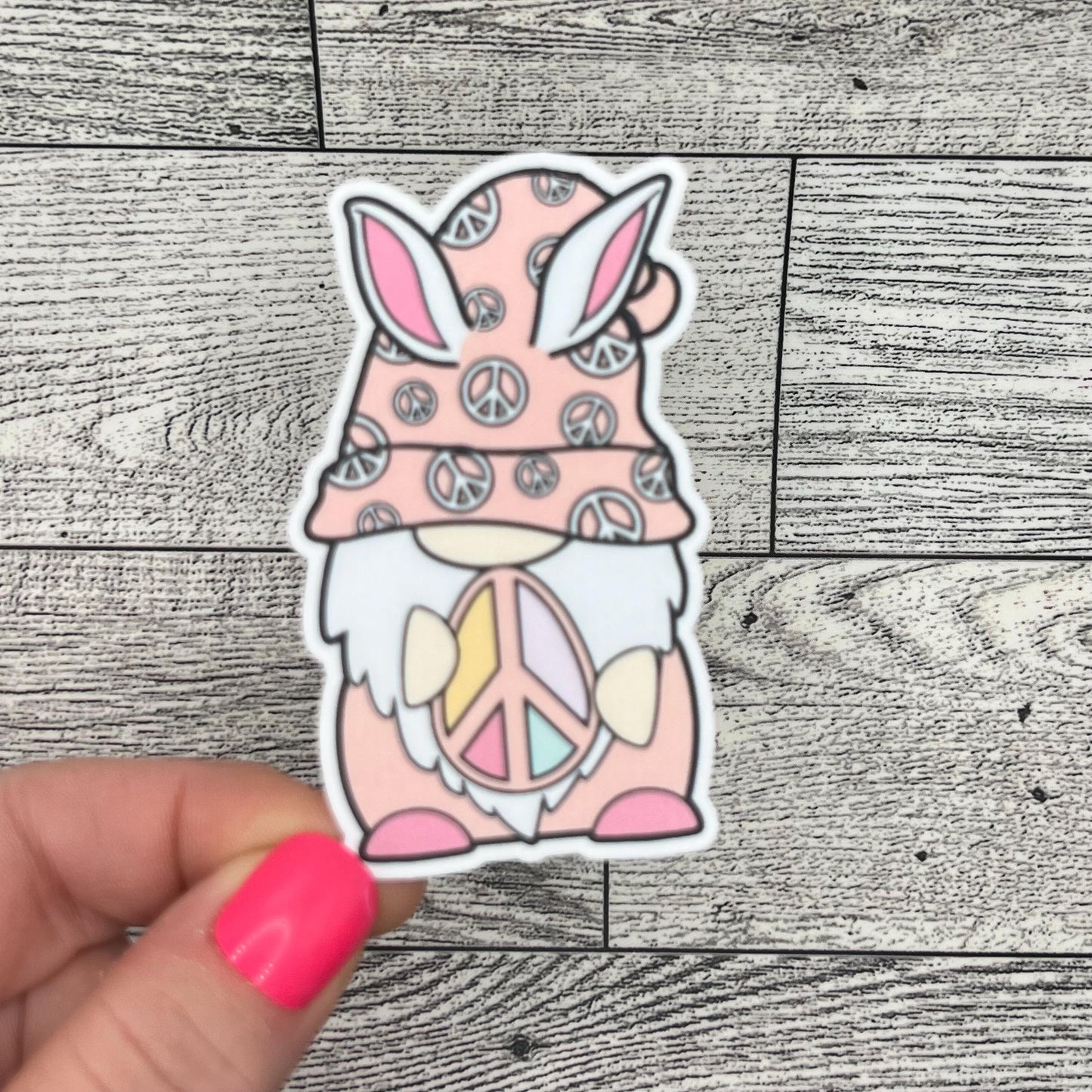 Gnome Easter Bunny Pink White Teal Purple Peace Sign Egg Vinyl Sticker Slap 3" x 1.8" Matte Finish