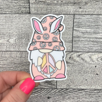 Gnome Easter Bunny Pink White Teal Purple Peace Sign Egg Vinyl Sticker Slap 3" x 1.8" Matte Finish