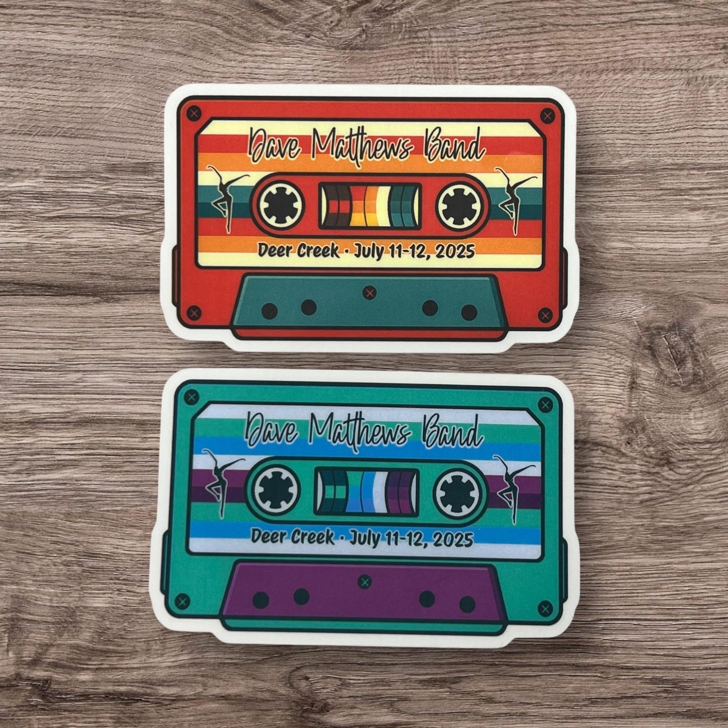 DMB Deer Creek Noblesville Indiana July 11-12, 2025 Retro Cassette Tape Orange Green Teal Blue Purple Vinyl Sticker Slap 2.1 x 3.3” Matte Finish