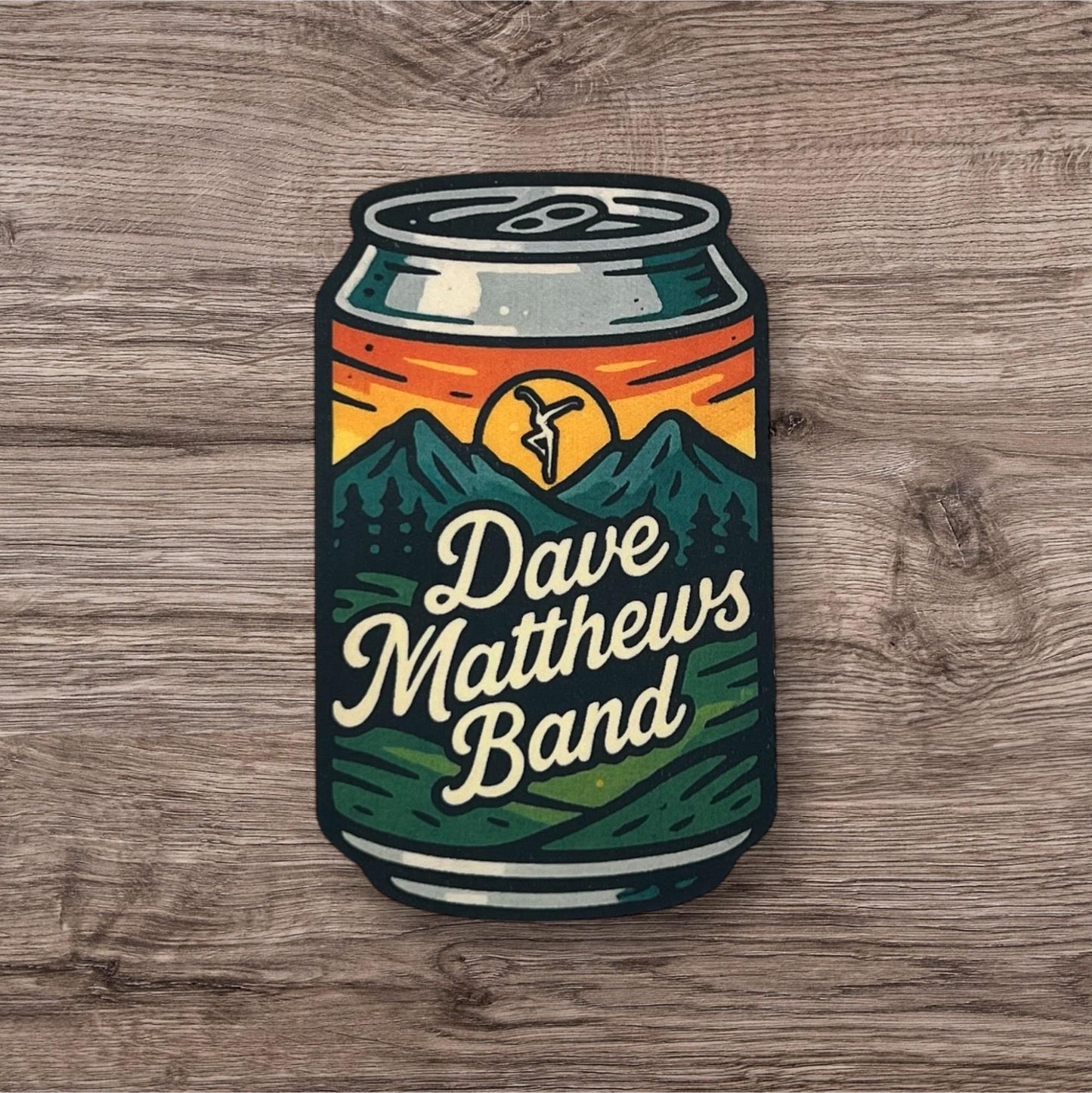 DMB Beer Soda Pop Can Orange Yellow Sunset Dark Blue Green Mountains Vinyl Sticker Slap 3" x 1.85" Matte Finish