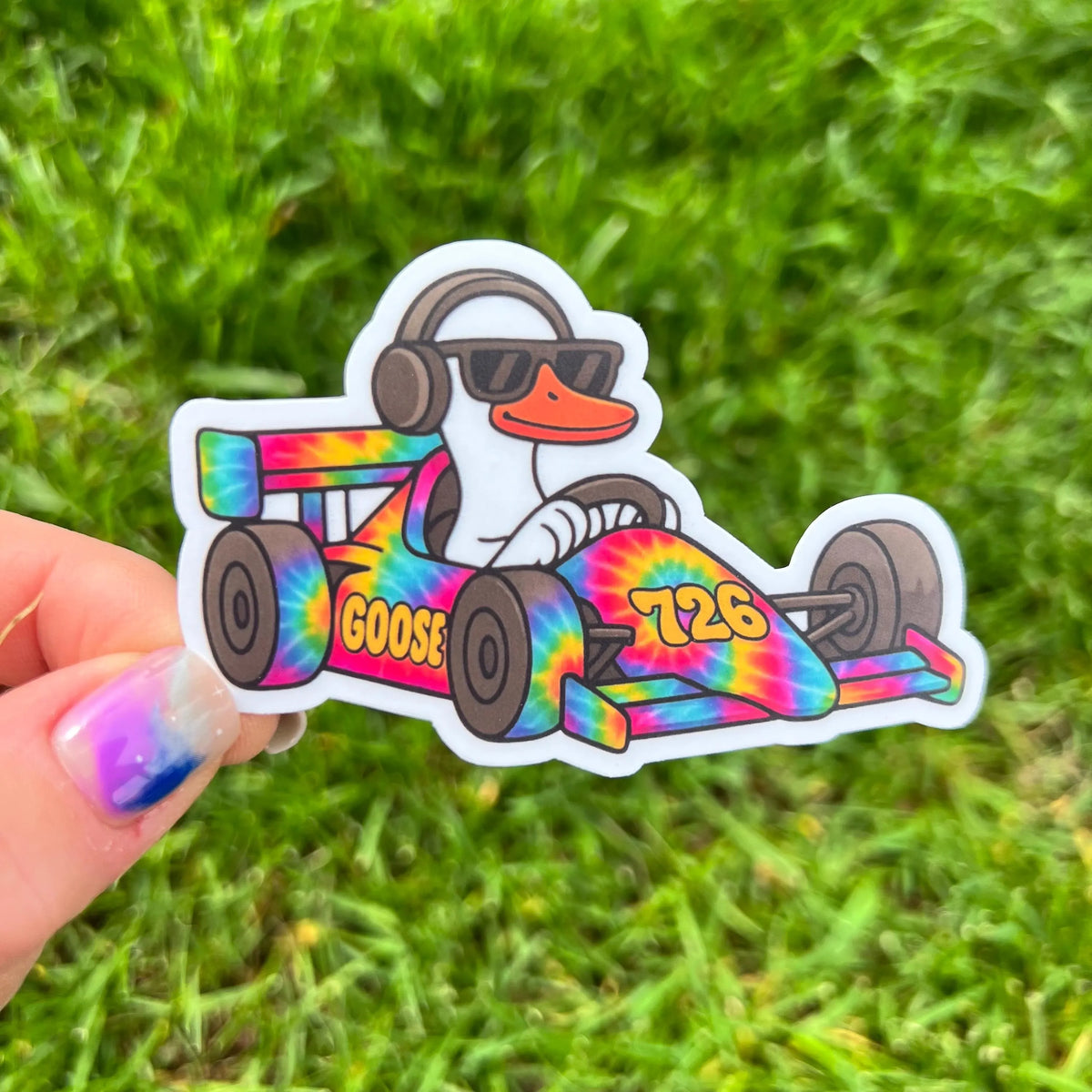 Goose Tie Dye Indy Race Car Goose Driver Wearing Headphones Indianapolis Indiana Vinyl Sticker Slap Matte Finish 2.1" x 3.3"