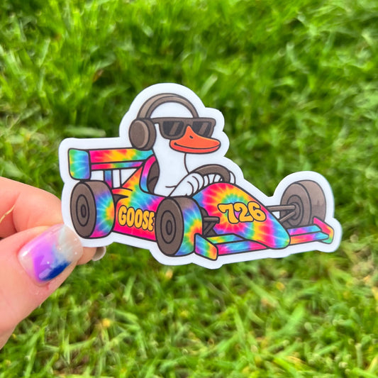 Goose Tie Dye Indy Race Car Goose Driver Wearing Headphones Indianapolis Indiana Vinyl Sticker Slap Matte Finish 2.1" x 3.3"